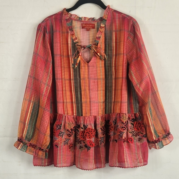 Bhanuni by Jyoti for Anthropologie Embroidered Peplum Boho Blouse Multicolor M - Picture 3 of 13